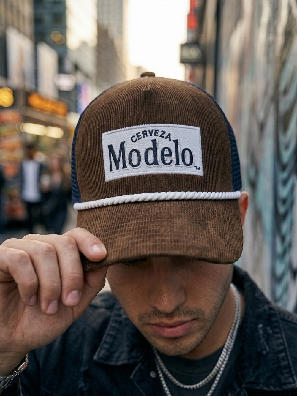 NWOT Modelo Brown and Navy Corduroy Trucker Hat